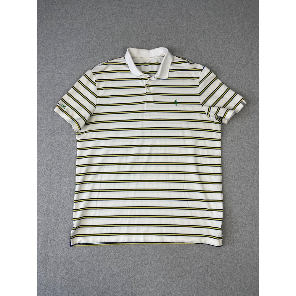 RLX Ralph Lauren Polo Shirt Mens XL White Striped Short Sleeve Golf Green Pony
